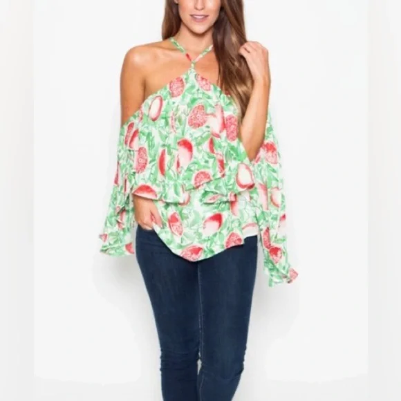 Judith March | Grapefruit Shoulder-Cutout Halter Top - Picture 2 of 6